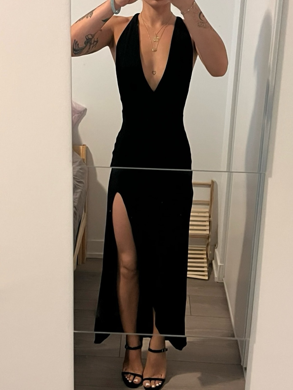 Reformation Black Plunge Dress with Thigh Slit